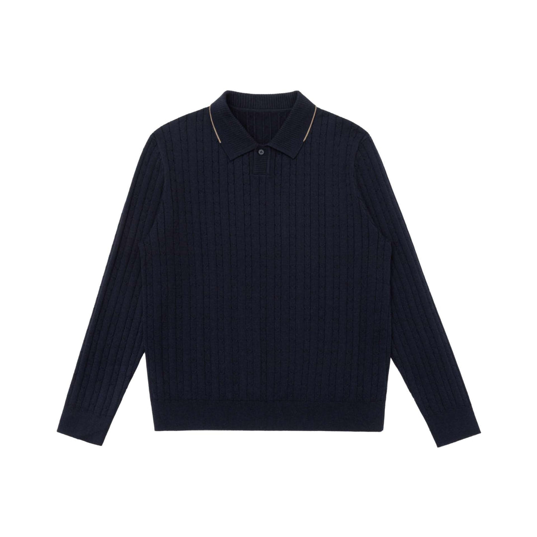 Herren Zopfstrick-Polokragenpullover mit halber Knopfleiste Echoarchiv