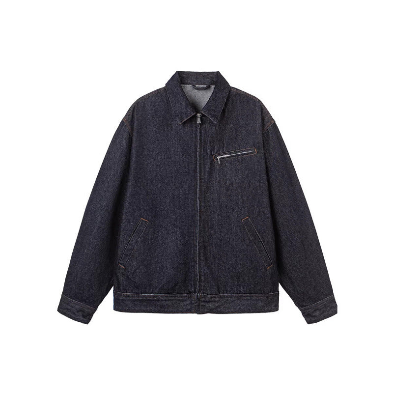 Herren Boxy-Denimjacke mit durchgehendem Reißverschluss, Brust-Reißverschlusstasche und Hemdkragen Echo Archiv