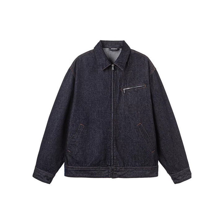 Herren Boxy-Denimjacke mit durchgehendem Reißverschluss, Brust-Reißverschlusstasche und Hemdkragen Echo Archiv