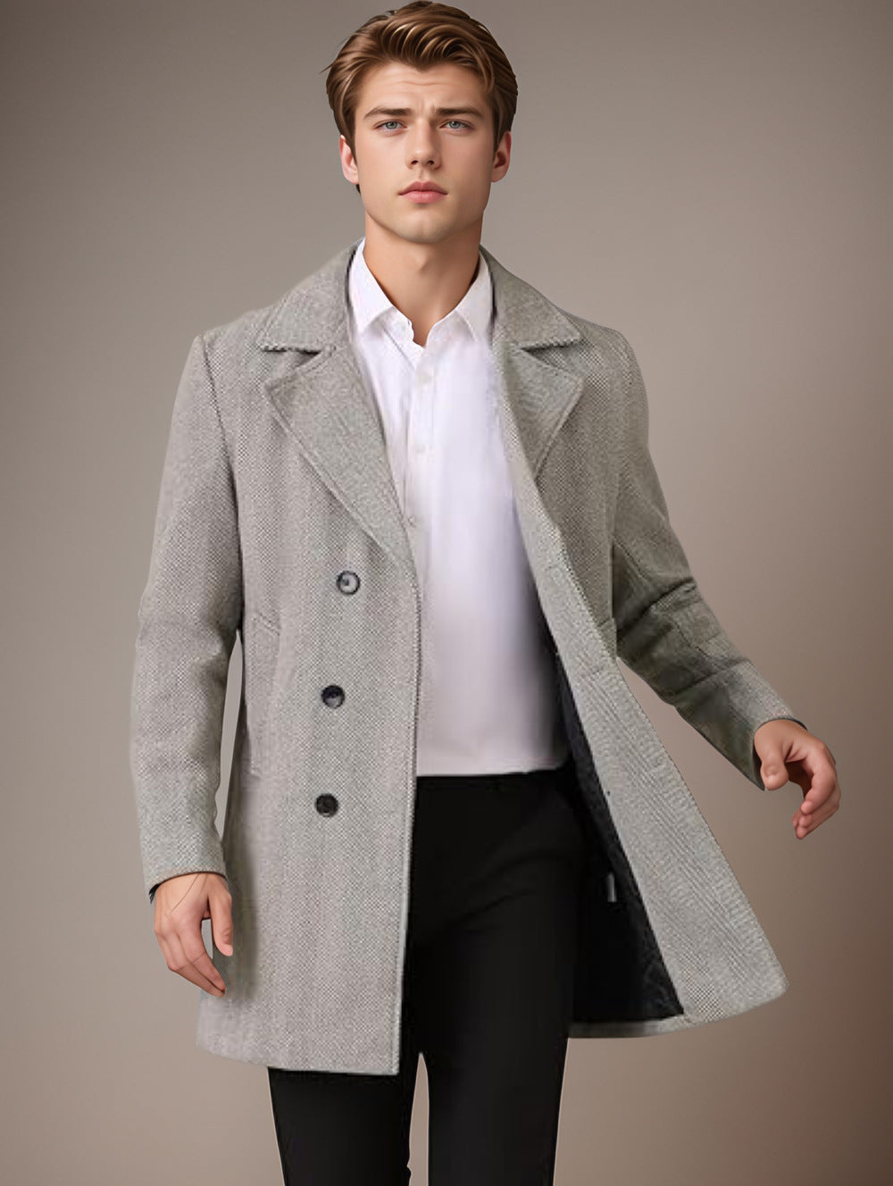 Herren eleganter Wende-Mantel mit doppelter Knopfleiste und verborgenem Gürtel Echoarchiv