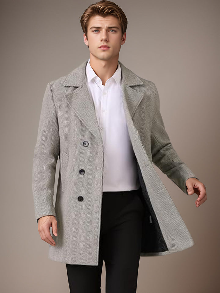Herren eleganter Wende-Mantel mit doppelter Knopfleiste und verborgenem Gürtel Echoarchiv