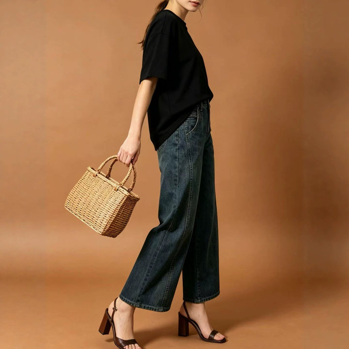 Damen nan hohe Taille Plissée Wide-Leg-Denimhose mit verkürztem Bein und dekorativen Vorderfalten Echo Archiv