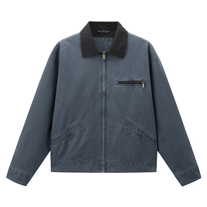Men's vintage-inspired zip-front workwear jacket with contrast collar and angled welt pockets – Taviero