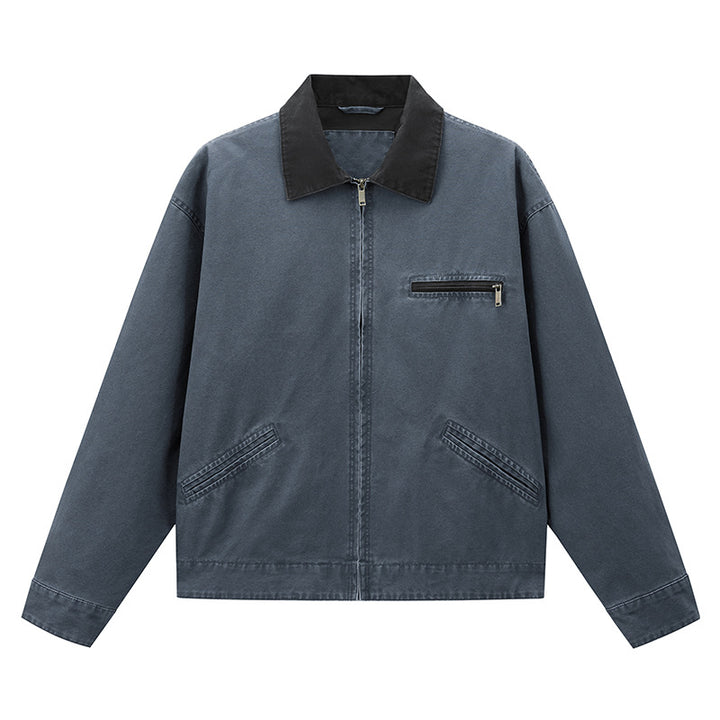 Men's vintage-inspired zip-front workwear jacket with contrast collar and angled welt pockets – Taviero