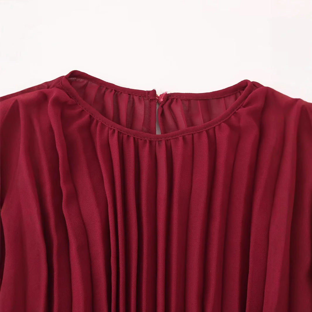 Damen plissiertes Midikleid mit langen Ärmeln, Tunnelzug-Taille und feinem Metallring-Gürtel – Élara