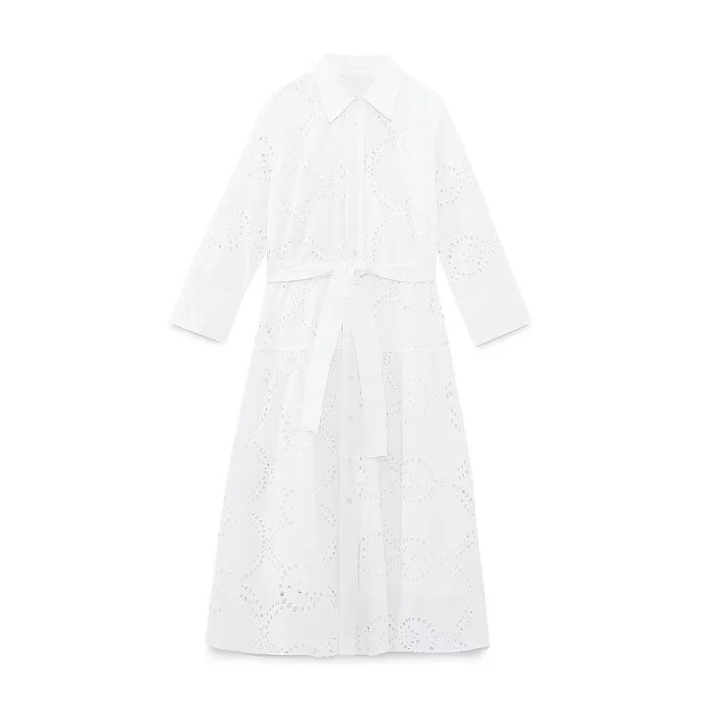 Damen langes Broderie-Anglaise Hemdblusenkleid mit Taillengürtel – Valéora