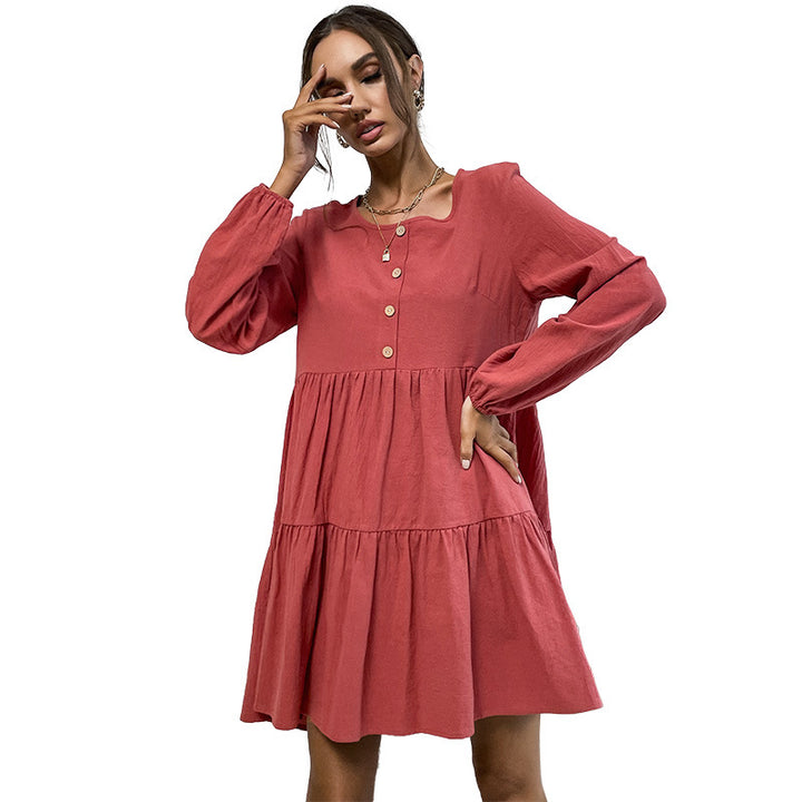 Damen Lockeres Cord-Volantkleid mit Stufenrock & Zierknopfleiste – Valéora