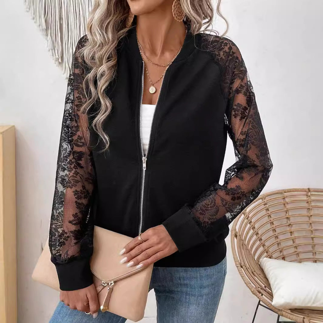 Damen nan leichte Bomberjacke mit floralen Spitzenärmeln und Reißverschluss Echo Archiv