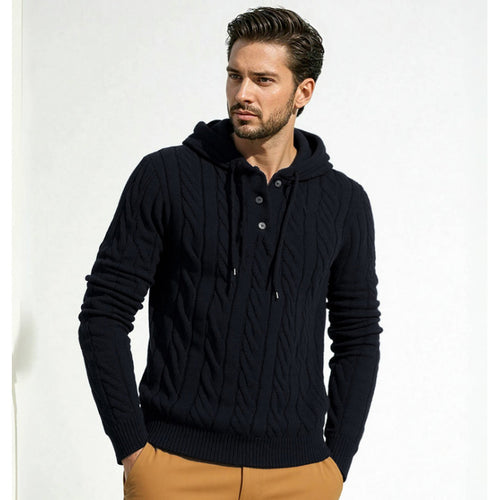 Herren stylischer Strickpullover mit Kapuze und Knopfdetails Echoarchiv