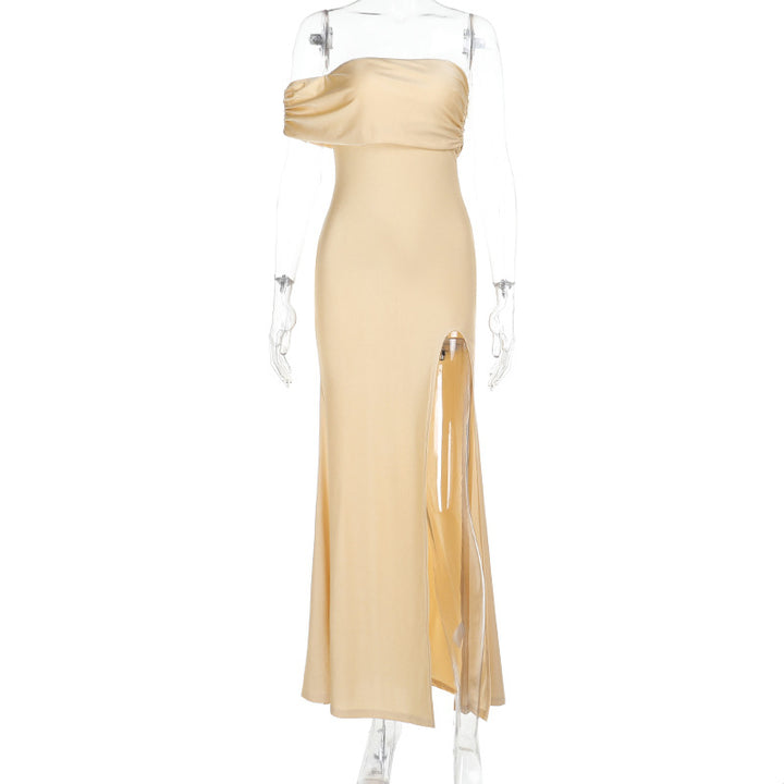 Damen schulterfreies Maxikleid mit eleganter Drapierung und hohem Schlitz Echo Archiv