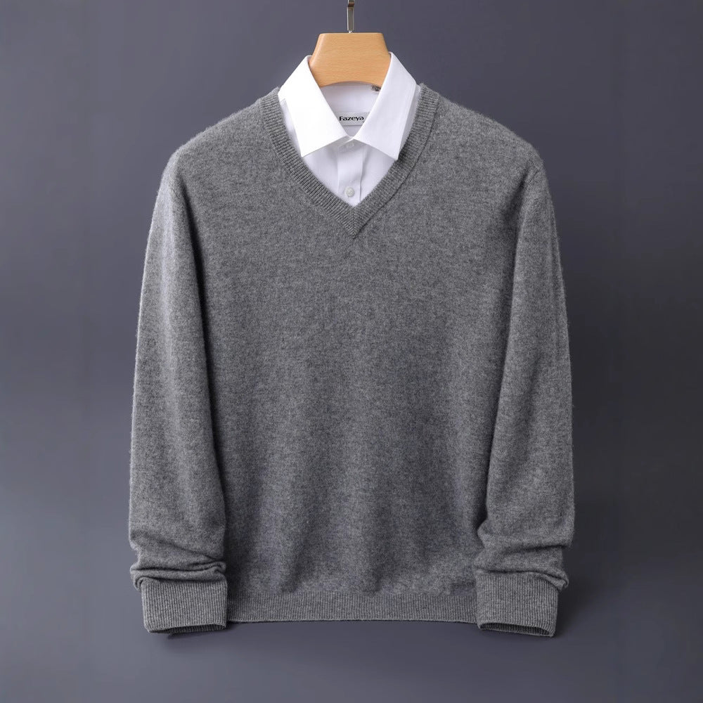 Herren Feiner V-Ausschnitt-Pullover aus Merino-Kaschmir-Mix mit gerippten Bündchen Echoarchiv