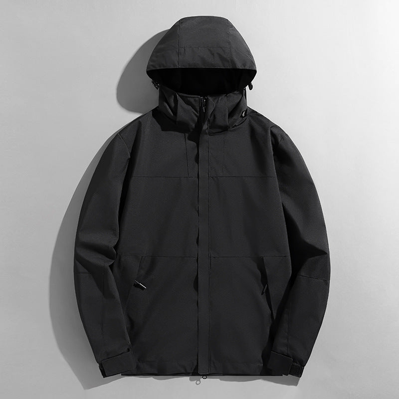 Herren zweilagige technische Kapuzen-Outdoorjacke mit hochschließendem Stehkragen und verstellbarer Kapuze – Taviero