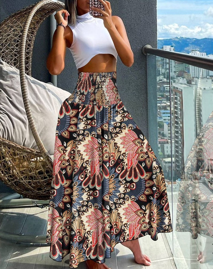 Damen Maxirock mit hohem Smokbund, weitem Fall und Paisley‑Print Echoarchiv