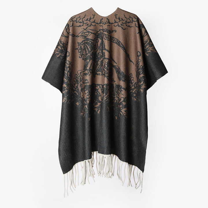 Damen Fransen‑Capeponcho aus Wollmischung mit Jacquard‑Logomotiv und offenem Oversize‑Fall Echo Archiv