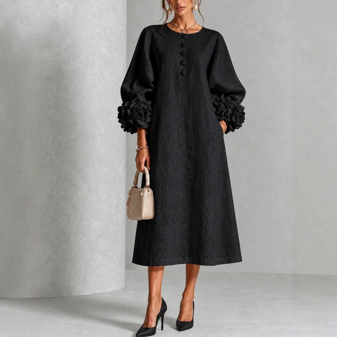 Damen Midikleid aus Leinen mit Ballonärmeln und 3D-Blütenmanschetten Echo Archiv