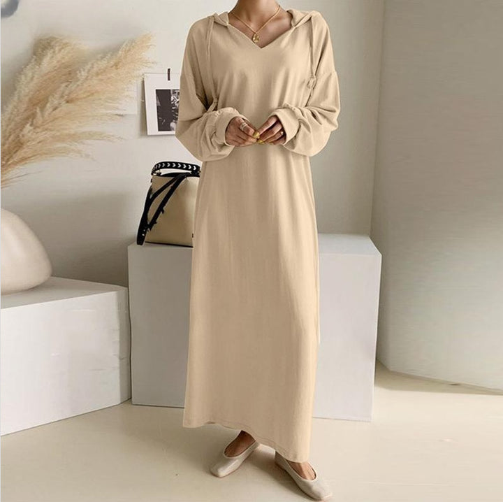 Damen nan lässiges Kapuzen-Maxikleid mit V-Ausschnitt, langen Ärmeln, lockerem geradem Schnitt und elastischen Bündchen Echo Archiv