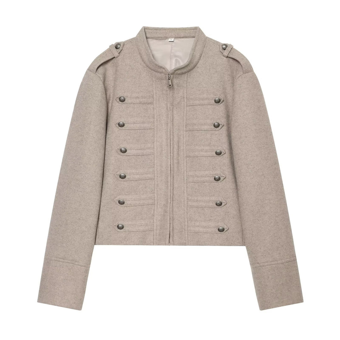 Damen Militärisch inspirierte kurze Wolljacke mit Stehkragen Echo Archiv