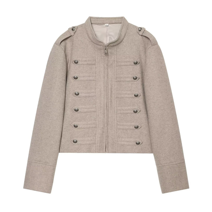 Damen Militärisch inspirierte kurze Wolljacke mit Stehkragen Echo Archiv
