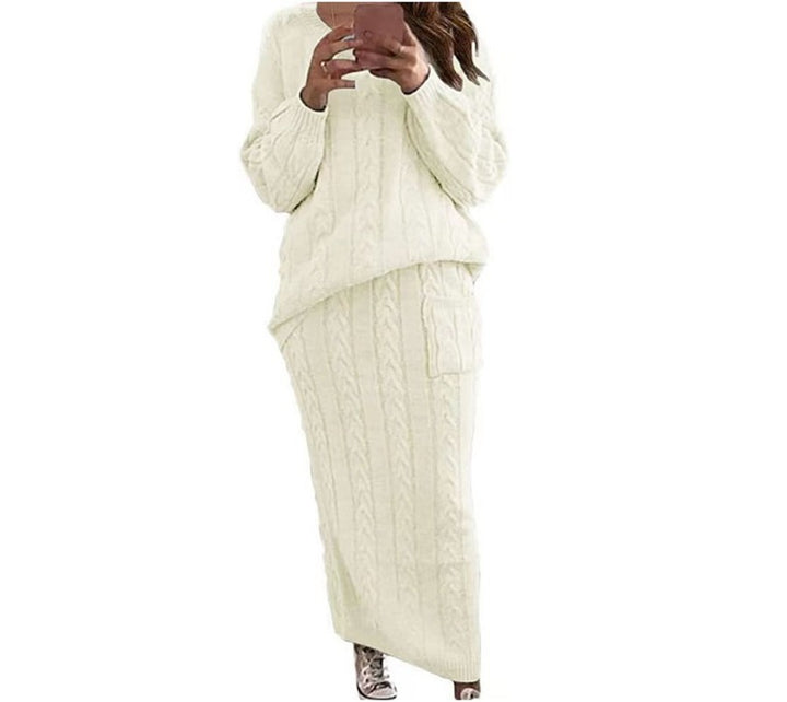 Damen nan Strickset Oversized Zopfmuster-Pullover und Maxi-Bleistiftrock mit aufgesetzter Tasche Echo Archiv