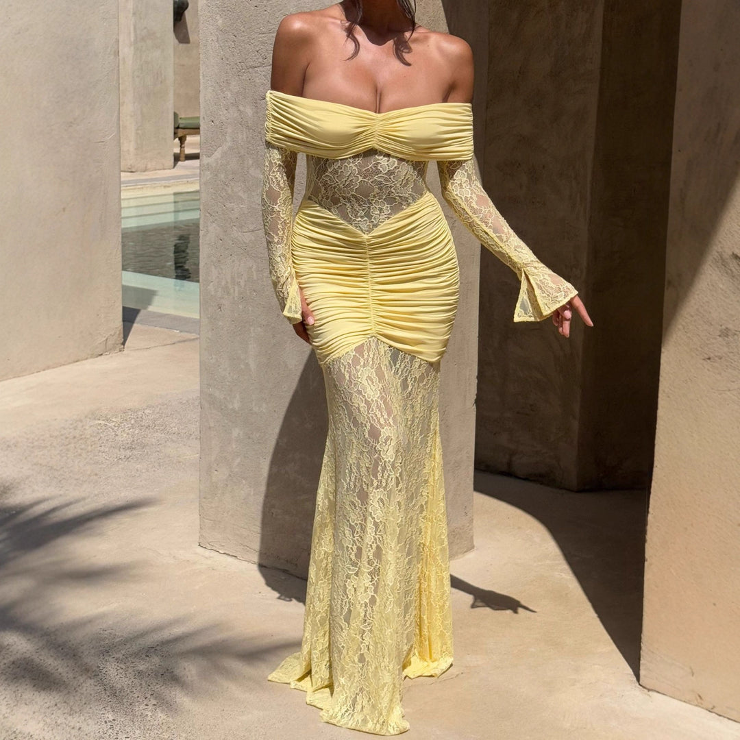 Damen Elegantes Spitzen-Maxikleid mit elegantem Off-Shoulder Design und Raffungen Echo Archiv