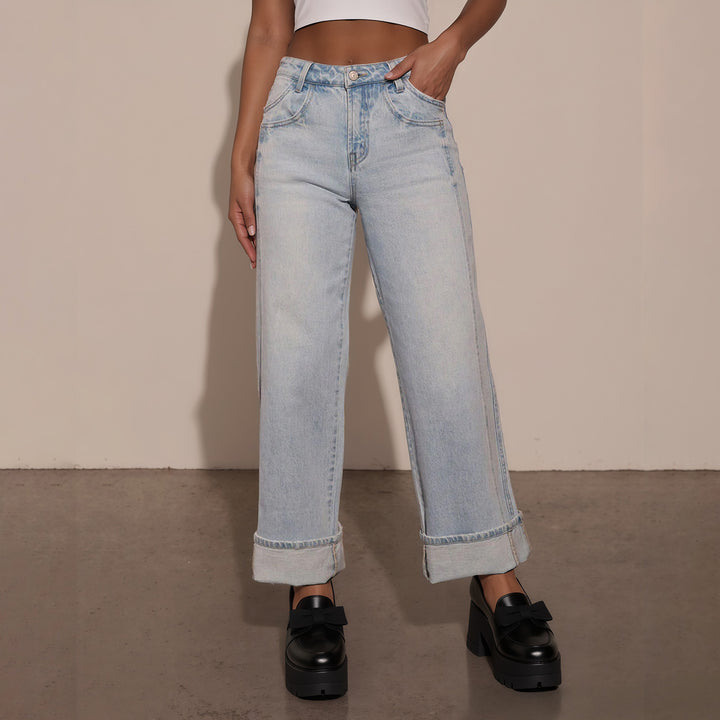 Damen Hochtaillierte weite Jeans mit extra breitem Umschlag Echo Archiv