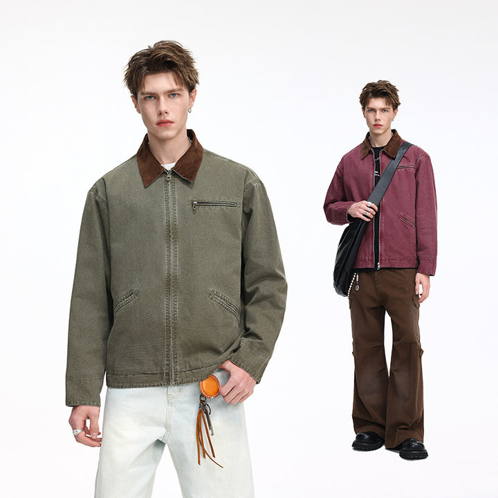 Herren Freizeitjacke aus gewaschenem Baumwollcanvas mit Cordkragen und Reißverschluss-Tasche Echoarchiv
