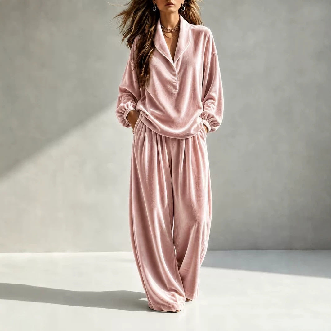 Damen Luxuriöses Velours-Loungewear-Set mit Schalkragen und weiter Palazzo-Hose Echoarchiv