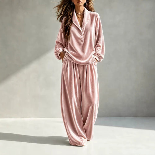 Damen Luxuriöses Velours-Loungewear-Set mit Schalkragen und weiter Palazzo-Hose Echoarchiv