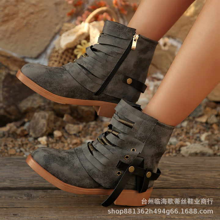 Damen Fransen-Ankle-Boots mit geschichteten Riemen und seitlichem Reißverschluss – Varelle