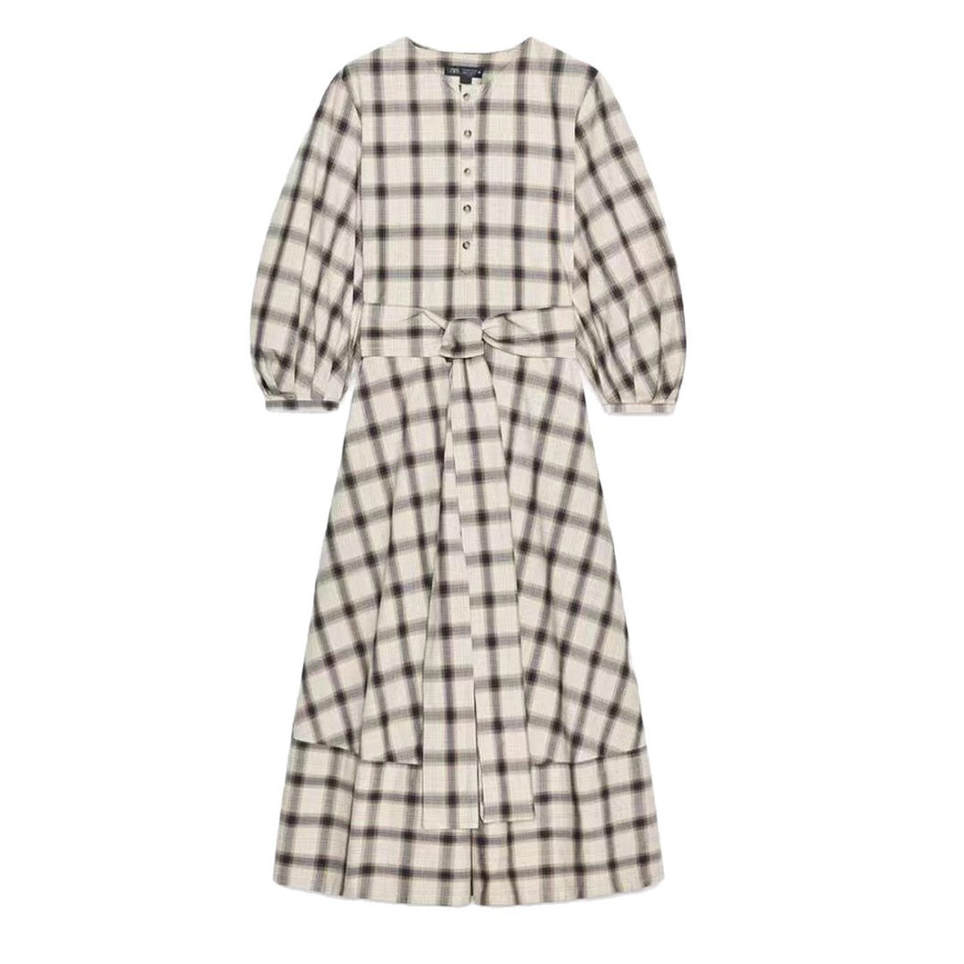 Damen nan kariertes Midikleid mit Ballonärmeln, Taillengürtel und Zierknopfleiste Echo Archiv