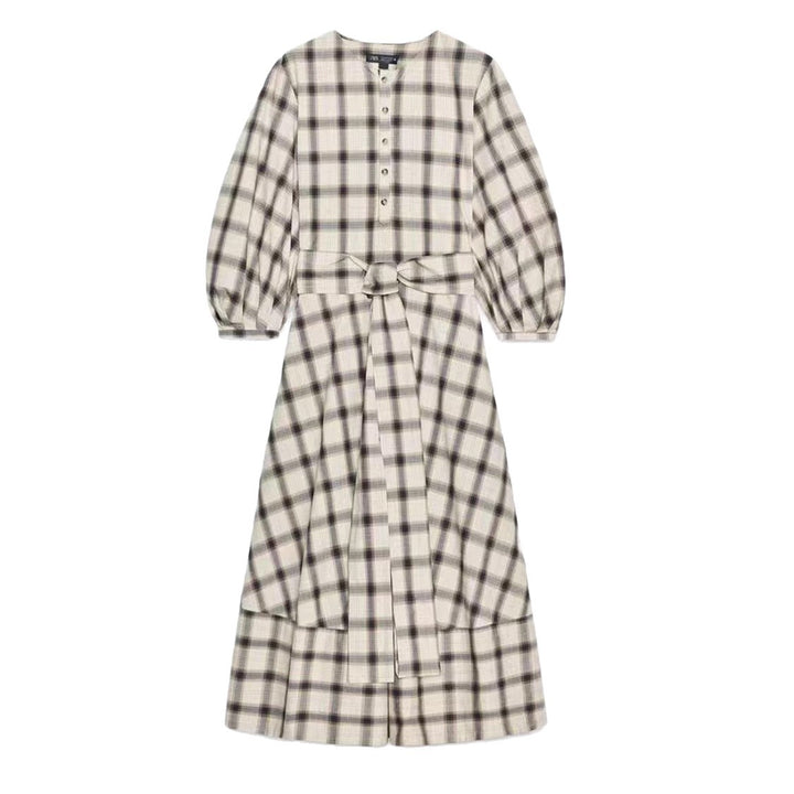 Damen nan kariertes Midikleid mit Ballonärmeln, Taillengürtel und Zierknopfleiste Echo Archiv