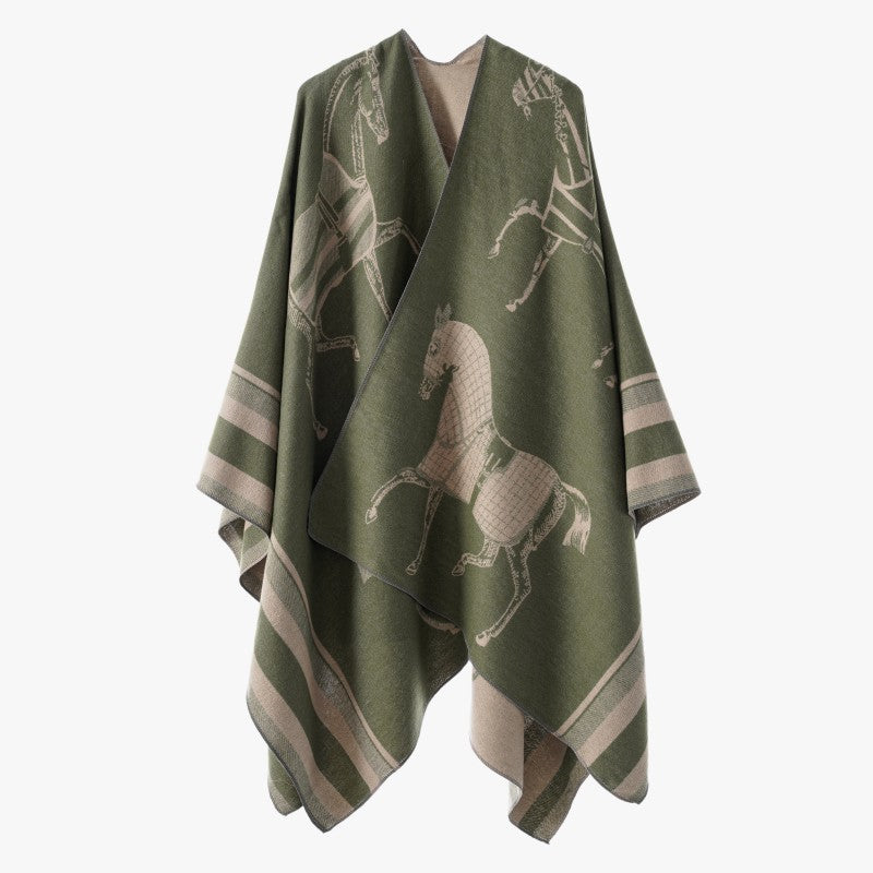 Damen Jacquard-Poncho-Überwurf mit Pferde-Motiv und kastiger Kimono-Silhouette – Célinea
