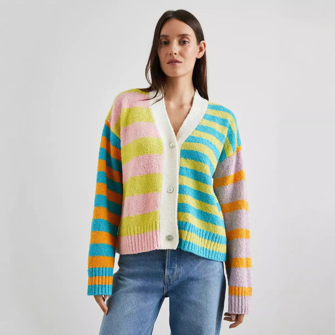 Damen lockerer gestreifter Frottee-Cardigan mit V-Ausschnitt und Knopfleiste – Veloura