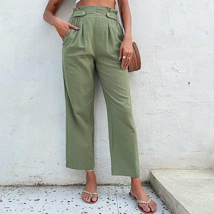 Damen Hochtaillierte Culotte-Hose mit Bundfalten, Knopf-Tabulierung und weitem Bein Echoarchiv