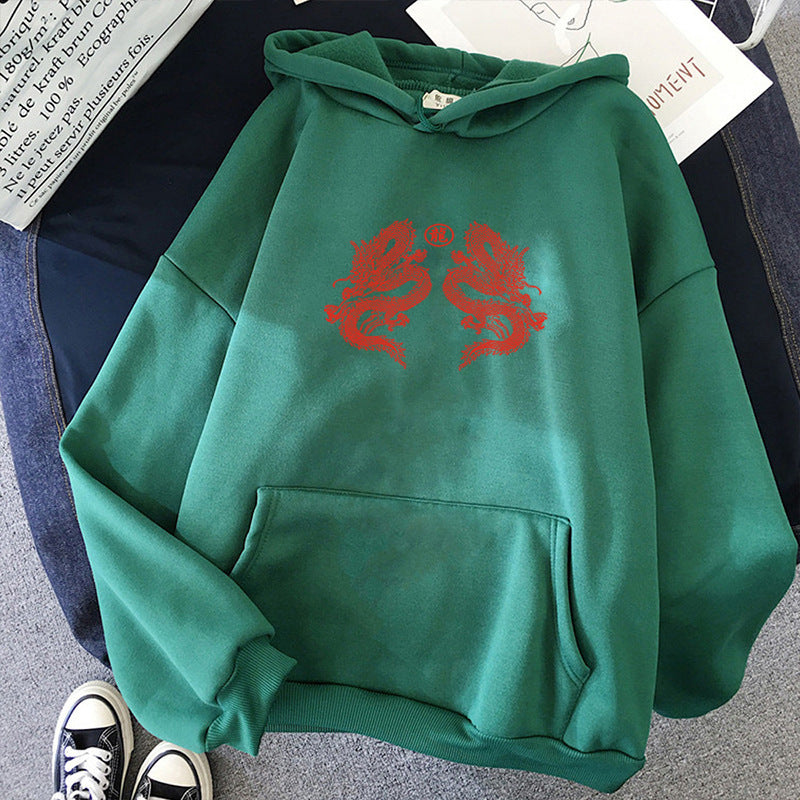 Unisex Oversize-Kapuzenpullover mit doppelseitigem Drachendesign, Kängurutasche und gerippten Bündchen – Auréline