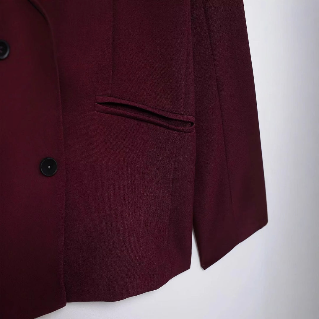 Damen kastiger Doppelreiher Blazerjacke mit überschnittener Schulter, Reverskragen und gefütterten Innennähten – Valéne