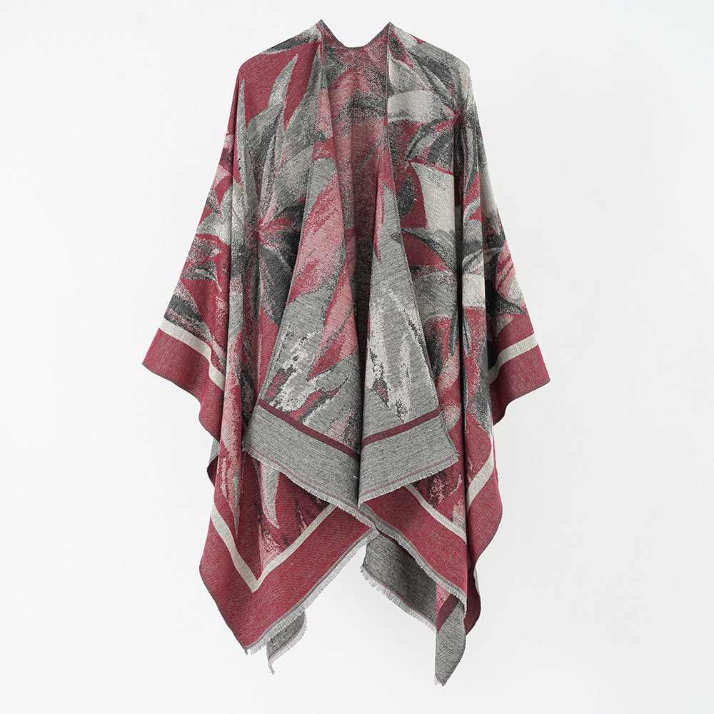 Damen Jacquard-Überwurfponcho mit floral-abstrakter Webstruktur und weichfallendem Oversize-Cape Echo Archiv