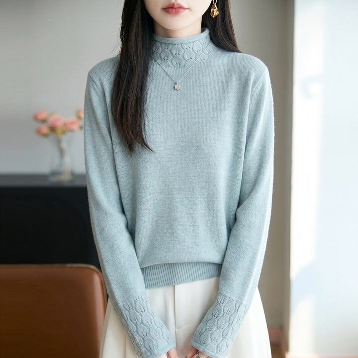 Damen Mockneck-Feinstrickpullover mit Ajour-Detail an Kragen und Bündchen Echoarchiv