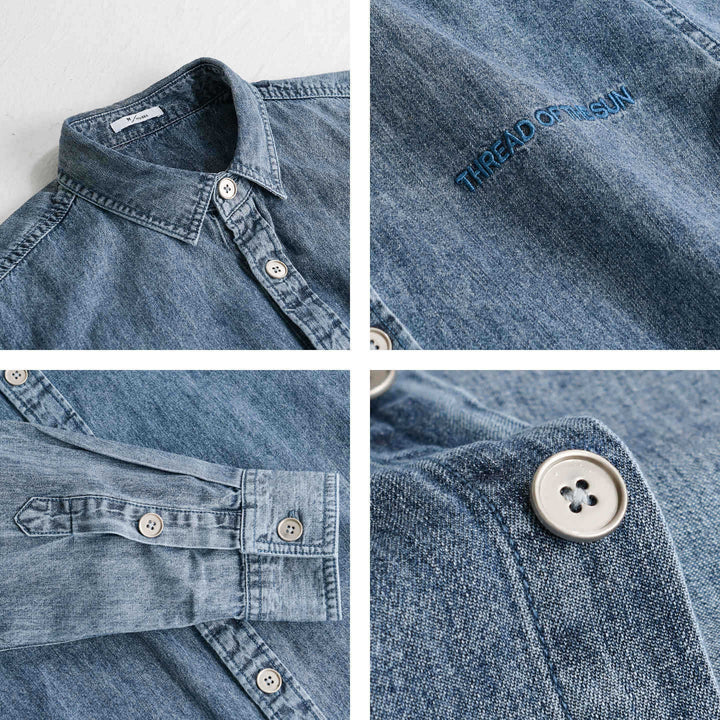 Herren entspanntes Denim-Overshirt mit Knopfleiste und Bruststickerei Echoarchiv