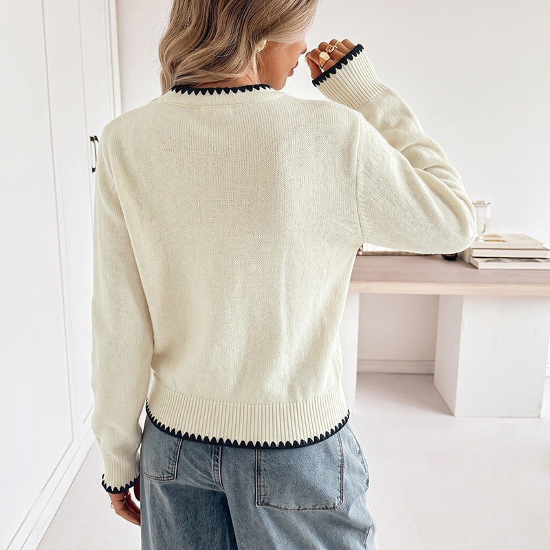 Damen Feingestrickter V‑Ausschnitt‑Cardigan mit kontrastierender Zierkante und Zierknöpfen Echoarchiv