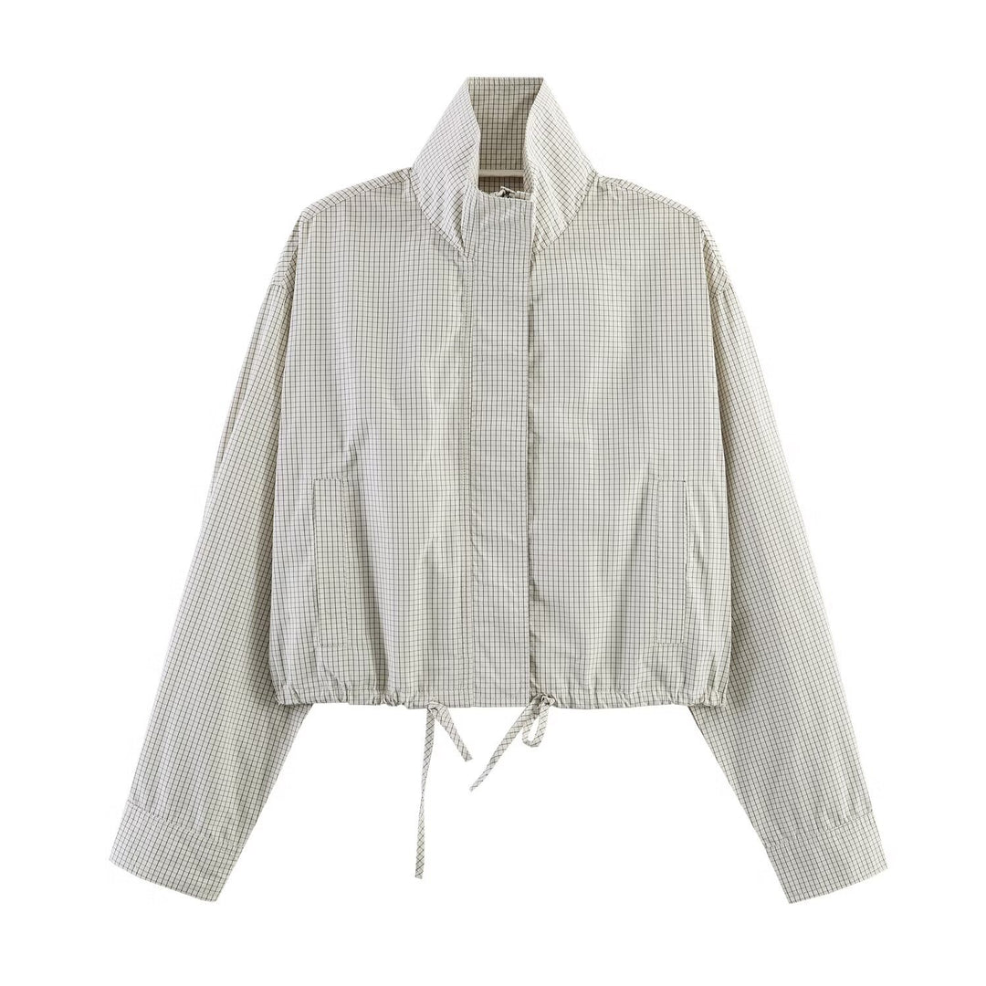 Damen Gekürzte karierte leichte Blousonjacke mit Stehkragen, Tunnelzugsaum und verdeckter Knopfleiste Echo Archiv