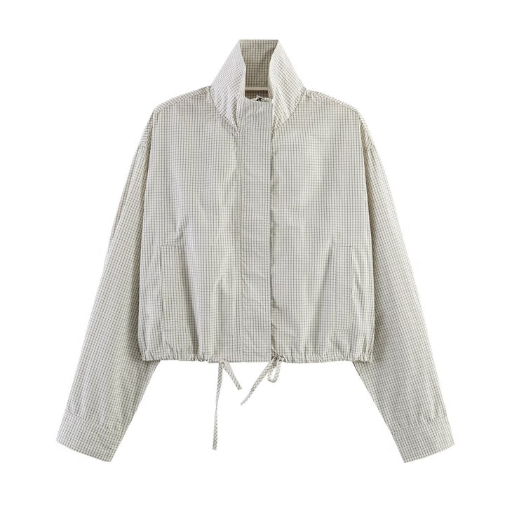 Damen Gekürzte karierte leichte Blousonjacke mit Stehkragen, Tunnelzugsaum und verdeckter Knopfleiste Echo Archiv
