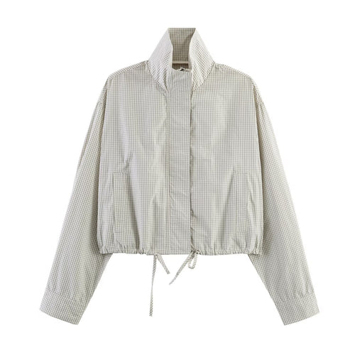 Damen Gekürzte karierte leichte Blousonjacke mit Stehkragen, Tunnelzugsaum und verdeckter Knopfleiste Echo Archiv