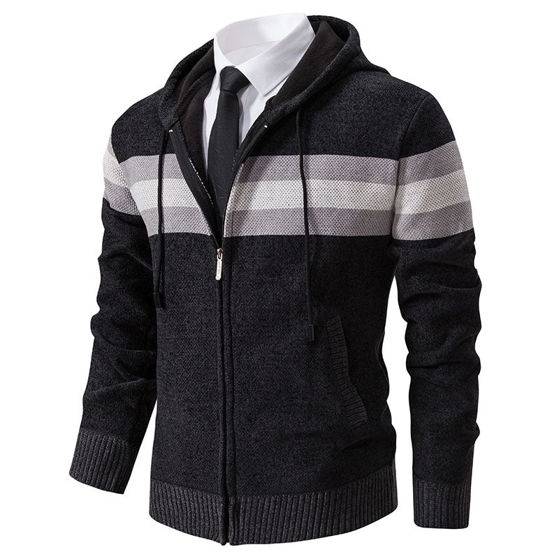 Herren Gestrickte Kapuzen-Strickjacke mit Kontraststreifen und Reißverschluss Echo Archiv