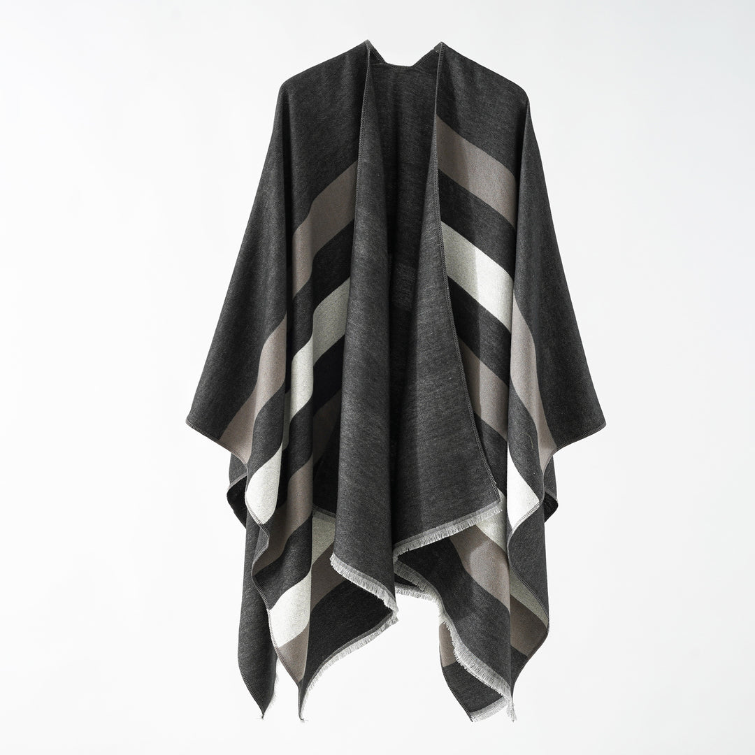 Damen Feiner Wollmix‑Capeüberwurf mit diagonaler Streifenstruktur und Fransensaum Echo Archiv