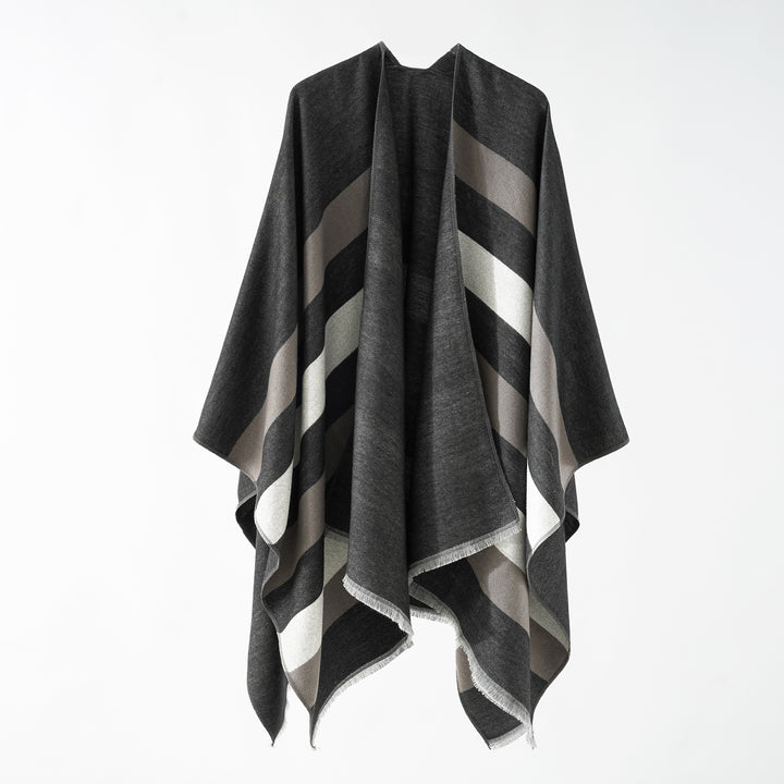 Damen Feiner Wollmix‑Capeüberwurf mit diagonaler Streifenstruktur und Fransensaum Echo Archiv