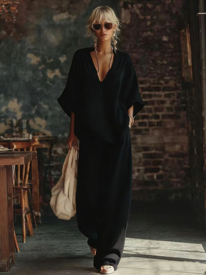 Damen nan lässiges zweiteiliges Leinenoptik-Set mit tiefem V-Ausschnitt, Oversize-Bluse und weitem Palazzo-Hosen Echo Archiv
