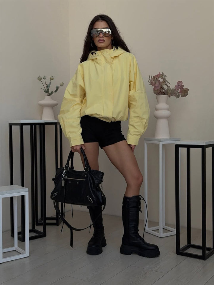 Damen Oversize Windbreaker Jacke mit Kapuze und kurzem Cropped‑Schnitt Echoarchiv