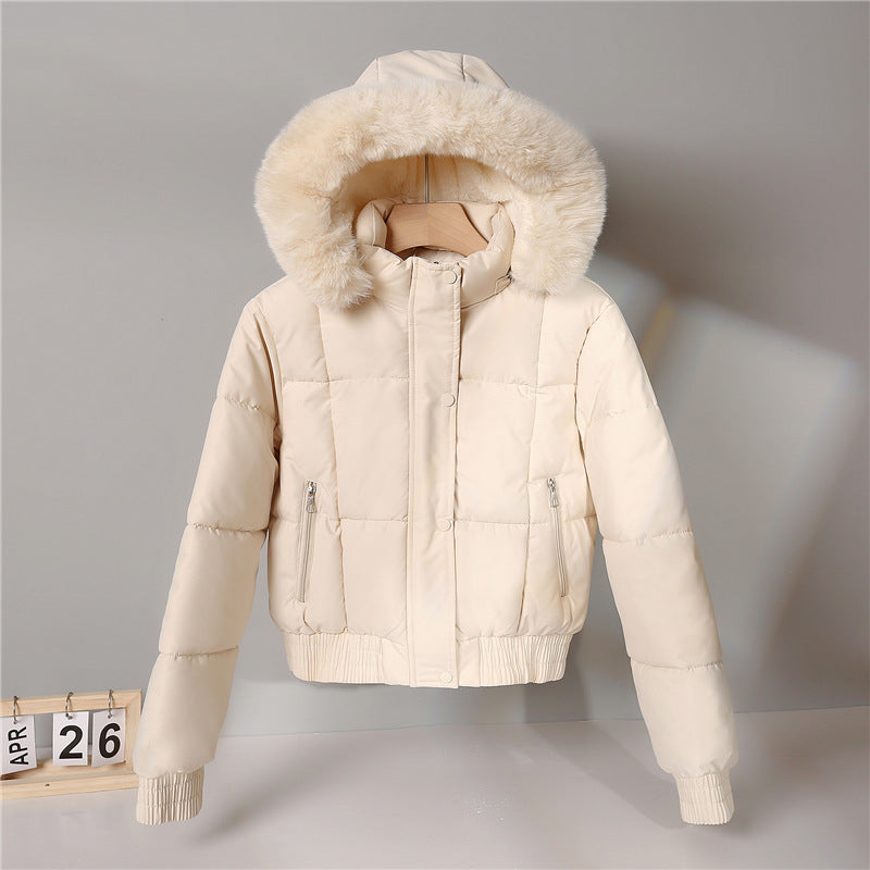 Damen kurzer isolierender Kapuzenblouson mit voluminöser Pelzkragenblende und elastischem Rippsaum – Célinea