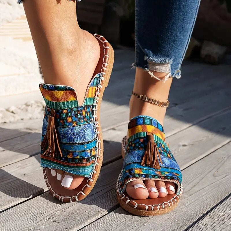 Damen Boho-Ethno-Quasten-Pantoletten mit geflochtener Sohle und gepolstertem Fußbett – Sorelia